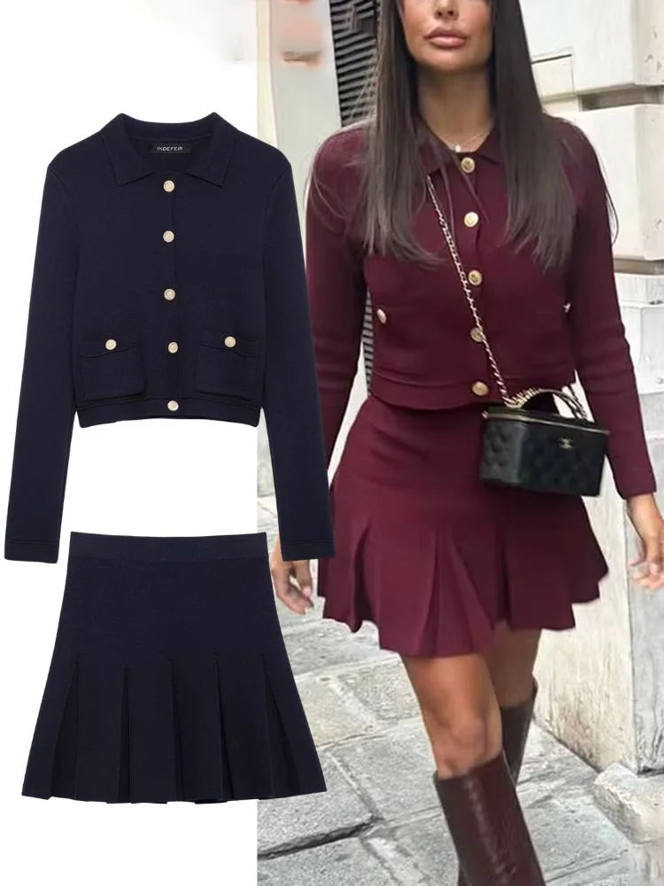 Strick Zweiteiler Damen – Eleganter Cardigan mit Knöpfen & Minirock